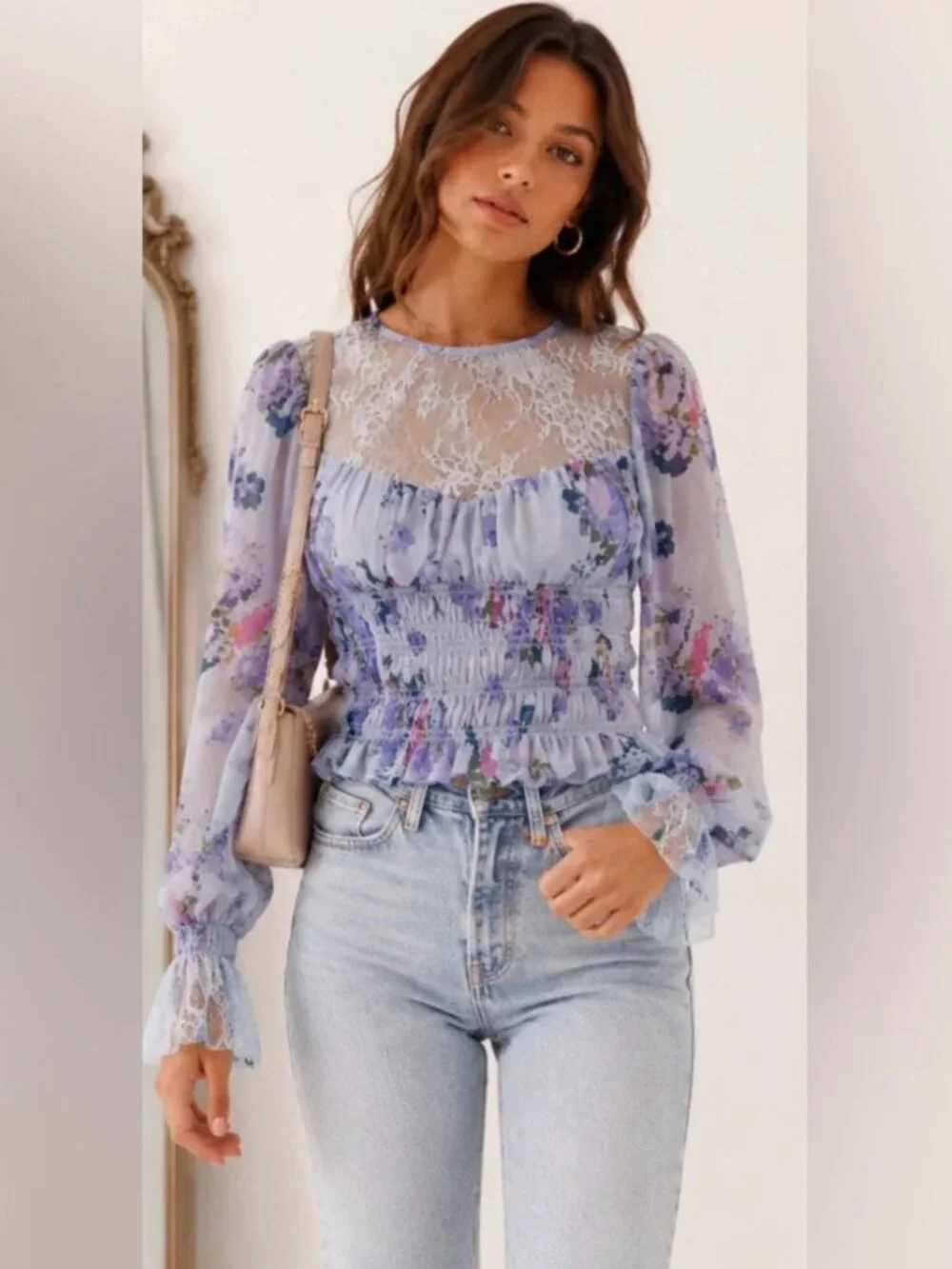 Free People | Daphne Smocked Blouse Blue Floral & Sheer Lace	| Size Medium